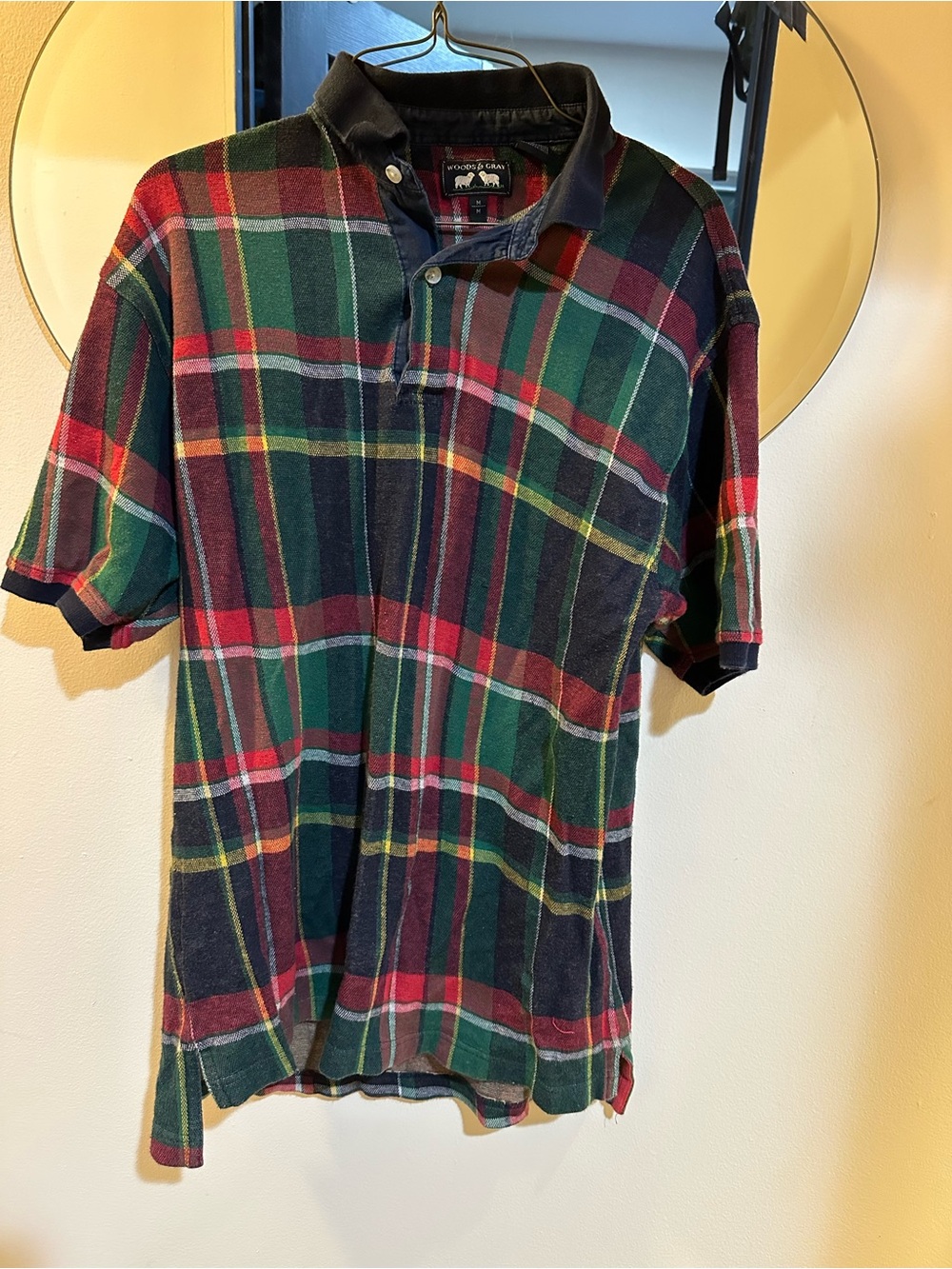 Woods & Gray Men’s Plaid Polo Shirt Medium Red Green Short Sleeve Casual